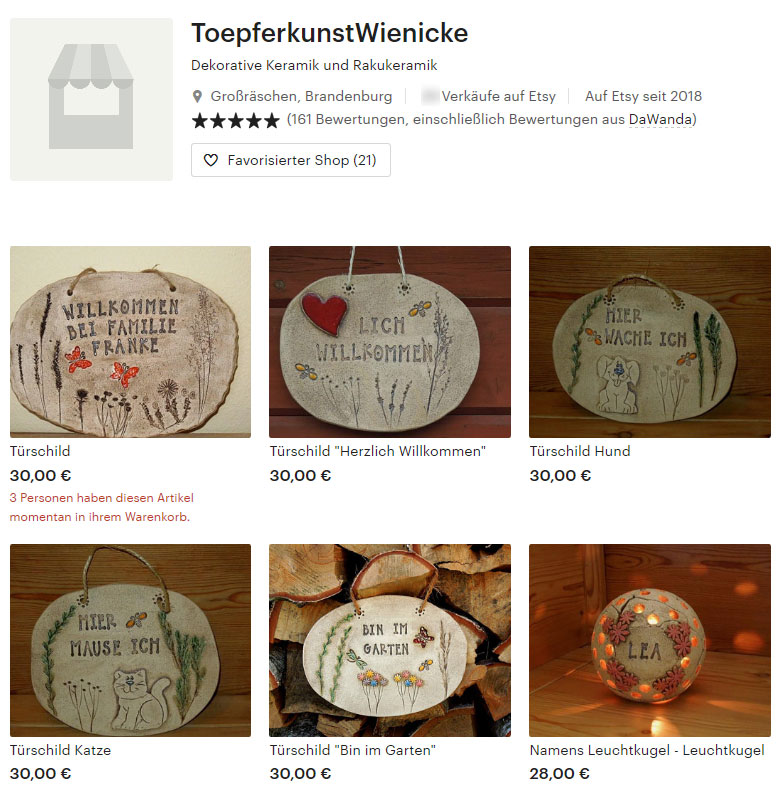 Etsy-Shop von Toepferkunst Wienicke